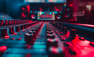 Cinematic Console: Wide-angle View of Recording Studio Mixing Desk