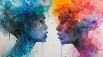 Fototapeta premium minds intertwined: watercolor twins with connecting thought bubbles