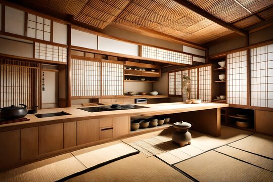 A traditional Japanese kitchen with tatami mat flooring, sliding shoji screens, and minimalistic design. A serene and tranquil space for culinary pursuits