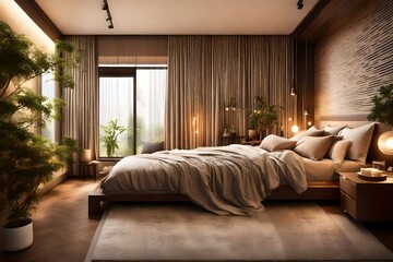 A cozy bedroom with warm earthy tones, soft lighting, and a plush bed adorned with luxurious linens and cushions. The large window showcases a view of a serene garden