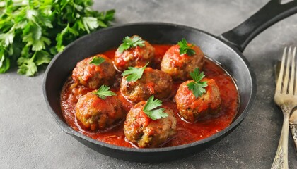 frying pan of tasty meat balls with tomato sauce and parsley on grey background