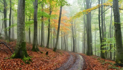 autumn beech forest after a few days of rain in a foggy morning