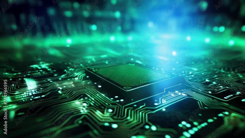 Aufkleber detailed view of a circuit board with glowing green lights. suitable for technology and electronics 