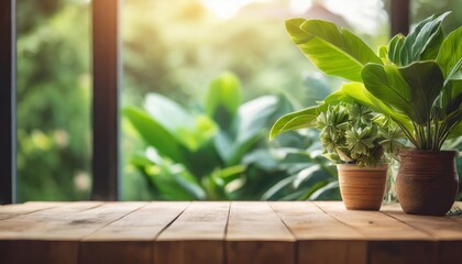 empty wood table top on blur window sill with green house plants background - obrazy, fototapety, plakaty