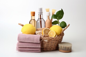 Basket with brushes rags natural sponges and cleaning equipment. Washing brush and spray home cleaning services