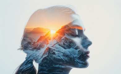 Elevated Unity: Woman's Face Over Sunset Mountains in Double Exposure