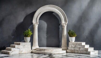 d background mockup with marble product podium for cosmetics display white greek antique columns against a dark wall with an arch white marble steps behind - obrazy, fototapety, plakaty
