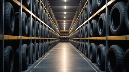 Multiple rows of tires neatly lined up in a spacious warehouse.