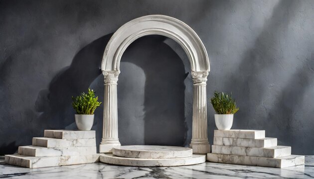 d background mockup with marble product podium for cosmetics display white greek antique columns against a dark wall with an arch white marble steps behind