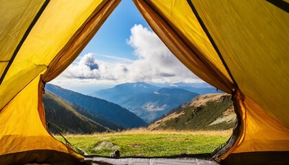 spectacular view of nature from open tent entrance the beauty of romantic trekking and camping