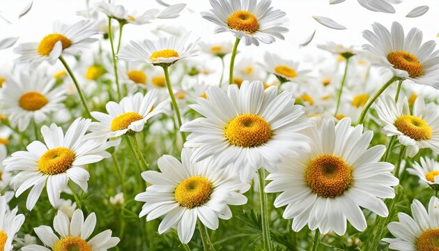 chamomile flower flying petals isolated on white background