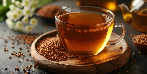 Zelfklevend Fotobehang Tea Time Zen: Transparent Teacup of Buckwheat © masanyanka