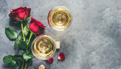 flat lay of red rose and white wine in glasses over grey concrete background top view vertical composition wine bar winery wine degustation concept