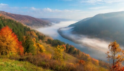 autumn landscape view of the river valley covered with fog natural background nature landscape wallpaper banner created using tools