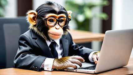Monkey businessman office worker wearing glasses and suit working on his desk with laptop.Human characters through animals concept.Generative AI. - obrazy, fototapety, plakaty