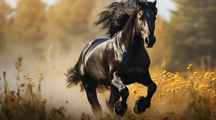 black horse running horse on the meadow - obrazy, fototapety, plakaty