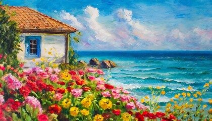 oil painting house near the sea colorful flowers summer seascape - obrazy, fototapety, plakaty