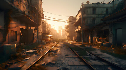 Fototapeta na wymiar a devastated city with a sun rise