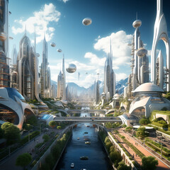 Fototapeta na wymiar Create a 3D render of a futuristic cityscape with advanced technological elements