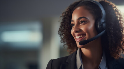 Portrait of a black female customer service representative smiling and wearing a headset