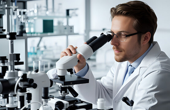 A scientist holding microscope and examining a specimen in a research laboratory or doing chemical experiments.