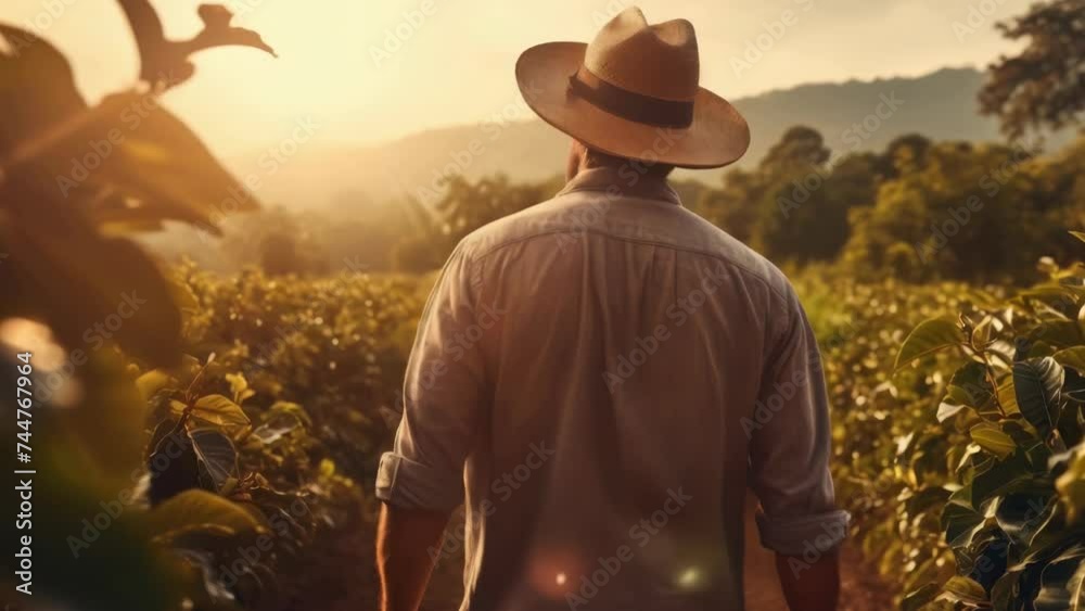 Poster a man in a hat walking through a field. suitable for outdoor and nature themes.