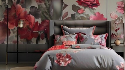 Bedroom Scene with Bold Red Floral Highlight