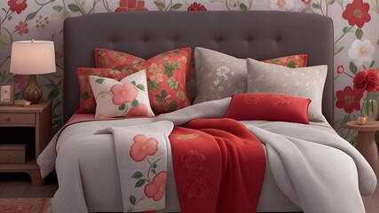 Sofa and Bed with Pop of Red Florals