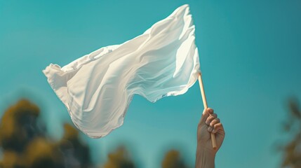 Person holding up a white flag against a blue sky, concept of peace - obrazy, fototapety, plakaty