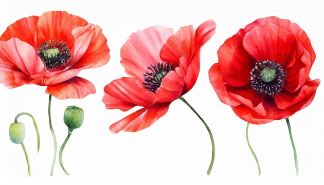 watercolor red flowers set poppy flower painting floral decor for greeting card wedding invitation