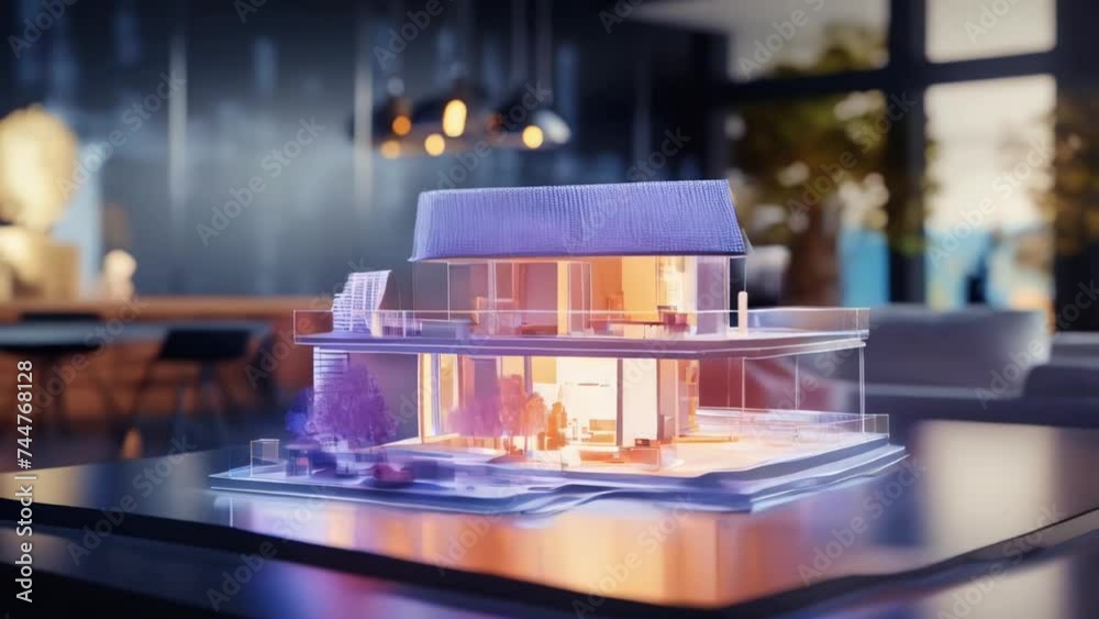 Poster A model of a house placed on a table, suitable for real estate or architecture concepts.