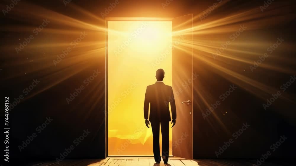 Poster A man standing in front of an open door. Suitable for various concepts.