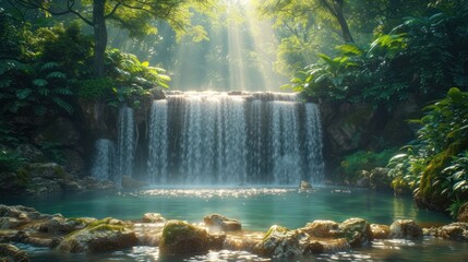  a large waterfall in the middle of a forest filled with lots of green plants and a bright beam of light coming from the top of the waterfall into the water.