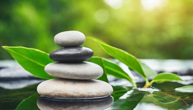 zen stones pyramid on water surface green leaves over it