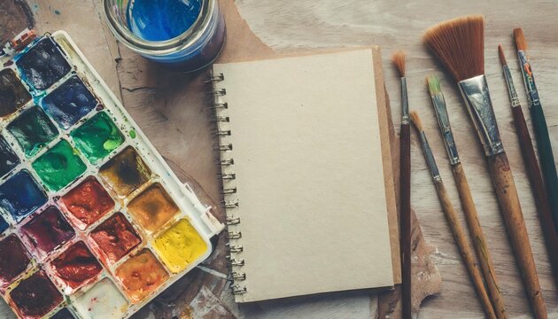 mockup with watercolor paints color palette and paint brushes cute vintage mock up