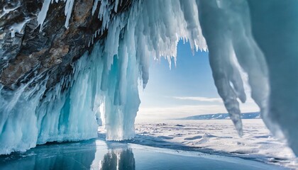 ice cave with icicles on baikal lake abstract winter nature background