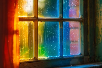 rainbow colored light through a glass pane window