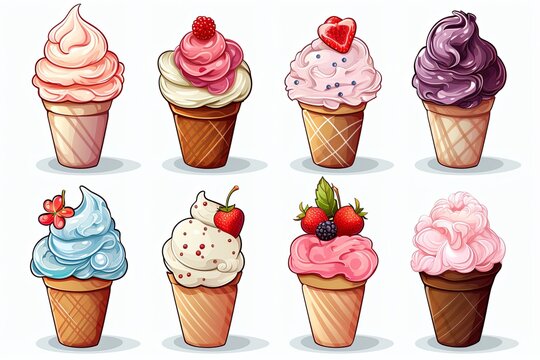 Set of colorful Ice cream cone cartoon vector illustration clipart background on a white background