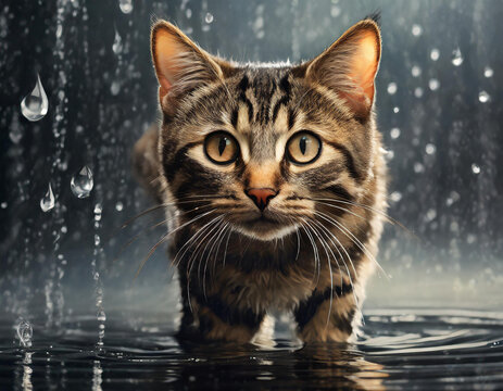 cat standing in water and drops, dark background, illustration