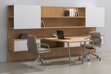3D render interior design Office Room . Office desks with office chairs. Concept of working place. 3d rendering