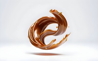 liquid caramel sauce digitally made, glossy, floating wave, in motion, white background