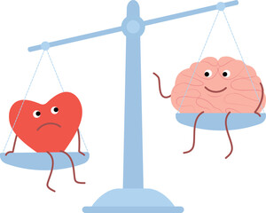Vector characters brain and heart as a symbol of the predominance of reason over feelings.