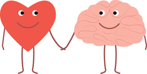Vector characters in flat style. Brain and heart as a symbol of the balance of feelings and mind.
