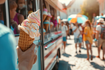 A cheerful crowd surrounds an ice cream truck parked in a sunny neighborhood street, eagerly selecting ice cream on a hot summer day.