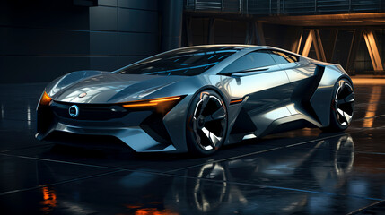 Obraz premium Sleek Autonomous Concept Car with Neon Accents Reflecting on Wet Ground, created with Generative AI technology