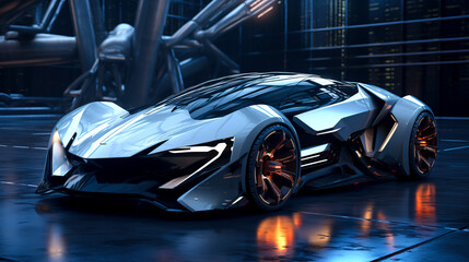 Obraz premium Sleek Autonomous Concept Car with Neon Accents Reflecting on Wet Ground, created with Generative AI technology