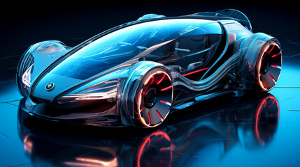 Sleek Autonomous Concept Car with Neon Accents Reflecting on Wet Ground, created with Generative AI technology