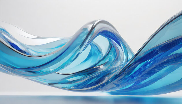 Three dimensional render of glass and blue waves floating against white background, 3D render