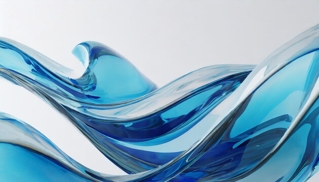 Three dimensional render of glass and blue waves floating against white background, 3D render