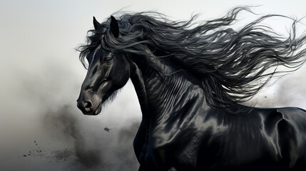 Majestic Black Stallion with Flowing Mane, created with Generative AI technology